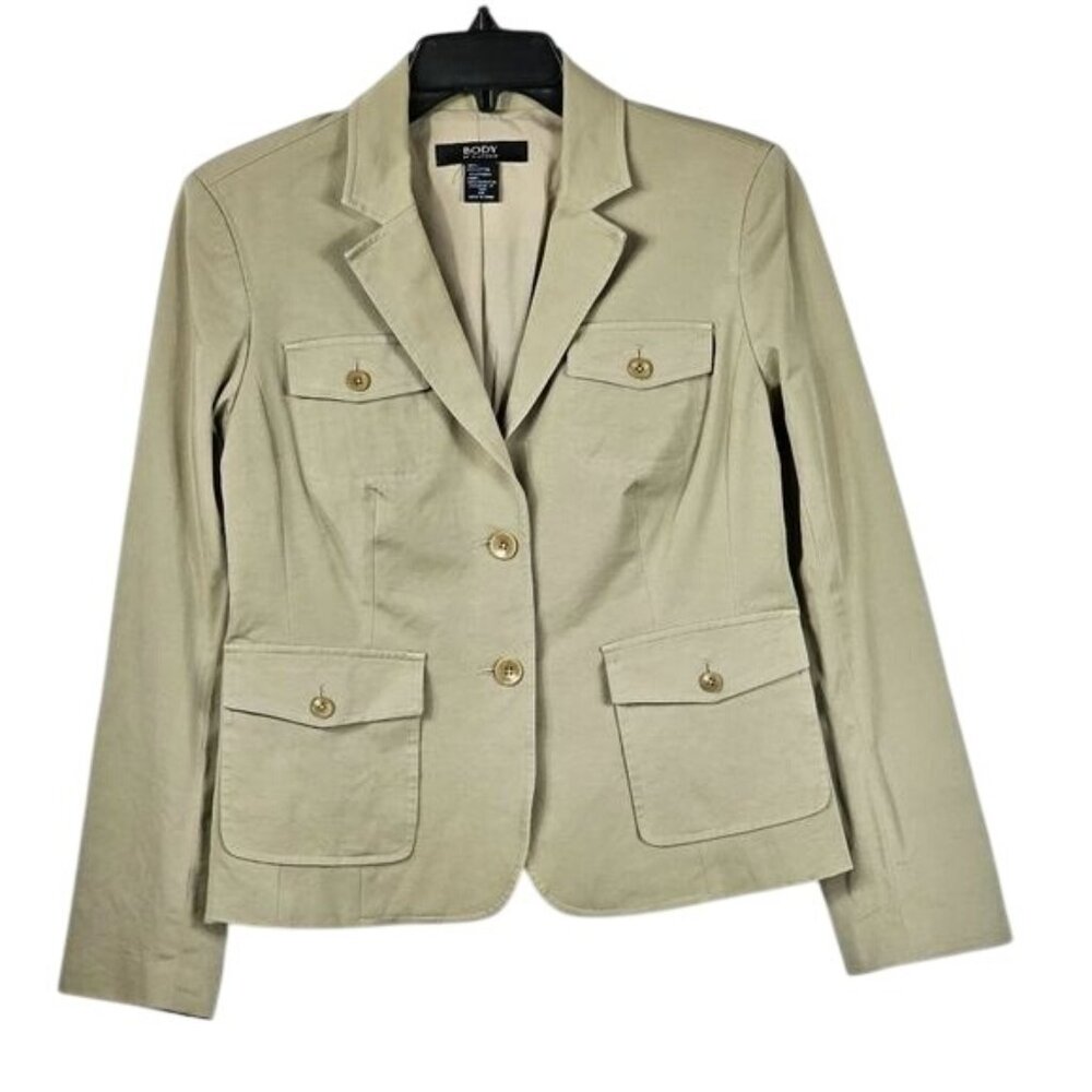 Body by Victoria 2 Button Blazer Jacket 10 Tan Stretch Utility Neutral Office